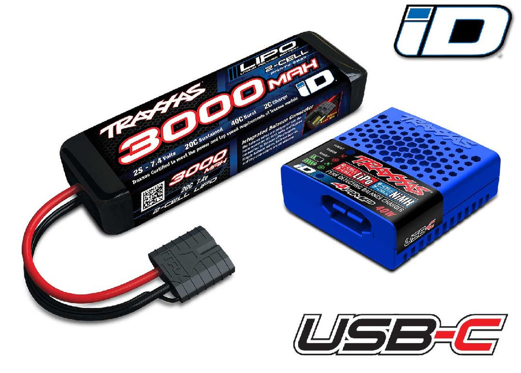 Traxxas Battery/Charger Completer Pack - 2985 USB-C NiMH/LiPo iD Charger & 2827X 2S 7.4V 3000mAh LiPo iD Battery