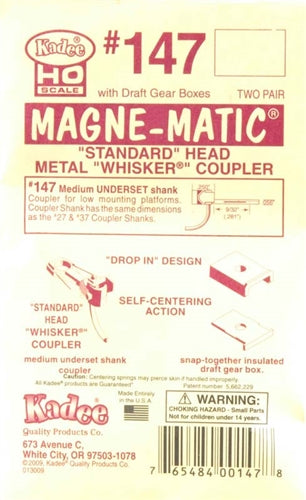 Kadee #147 HO Magne-Matic Standard Head Self-Centering Metal Whisker Coupler Medium 9/32" Underset Shank w/#242 Draft Gear Boxes 2 Pair