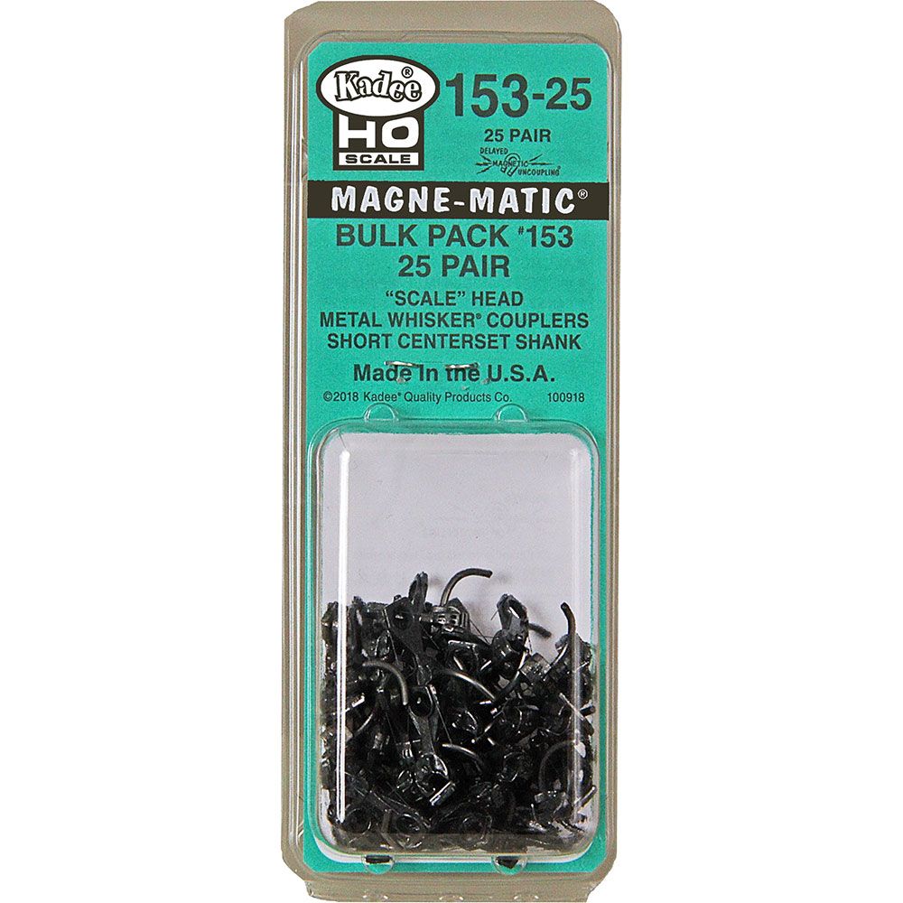 Kadee #153 25 Pair HO Magne-Matic Bulk Pack "Scale" Head Short 1/4" Centerset Shank Whisker Scale Knuckle Couplers