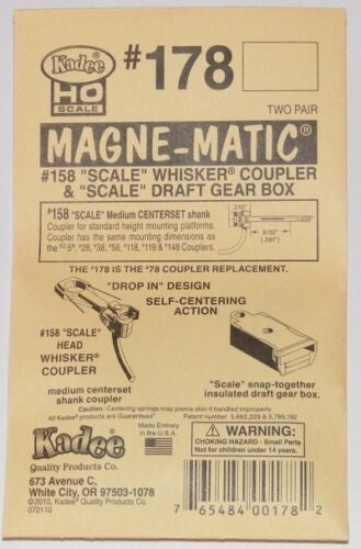 Kadee #178 HO Magne-Matic Whisker Scale Metal Knuckle Coupler Medium 9/32" Centerset Shank w/#178 Scale Draft Gear Boxes 2 Pair