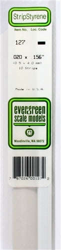 Evergreen Scale Models 127 Styrene Strip .020 X .156" (0.5 X 4.0mm) 10 strips NIB