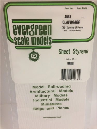 Evergreen Scale Models 4061 Styrene Siding Clapboard .040 x 6x12" .060" Spacing NIB