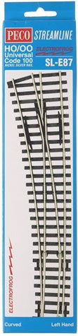 Peco Streamline SL-E87 HO / OO Universal Code 100 Nickel Silver Rail Electrofrog Curved Double Radius Left Hand Turnout Switch