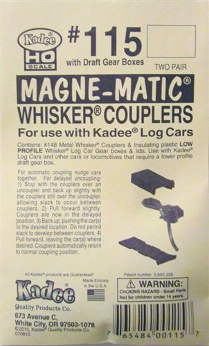 Kadee #115 HO Magne-Matic Medium 9/32" Centerset Shank w/Log Car Draft Gear Self-Centering Metal Knuckle Couplers Box