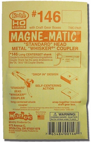 Kadee #146 HO Magne-Matic Standard Head Self-Centering Metal Whisker Coupler Long 25/64" Centerset Shank w/#242 Draft Gear Boxes 2 Pair