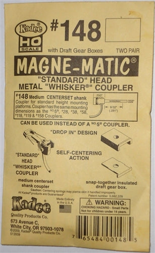 Kadee #148 HO Magne-Matic Standard Head Metal Whisker Coupler Medium 9/32" Centerset Shank w/#242 Draft Gear Boxes 2 Pair