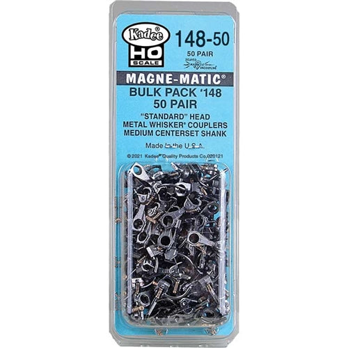 Kadee #148 50 Pair HO Magne-Matic Bulk Pack Standard Head Metal Whisker Coupler Medium 9/32" Centerset Shank No Draft Gear Boxes