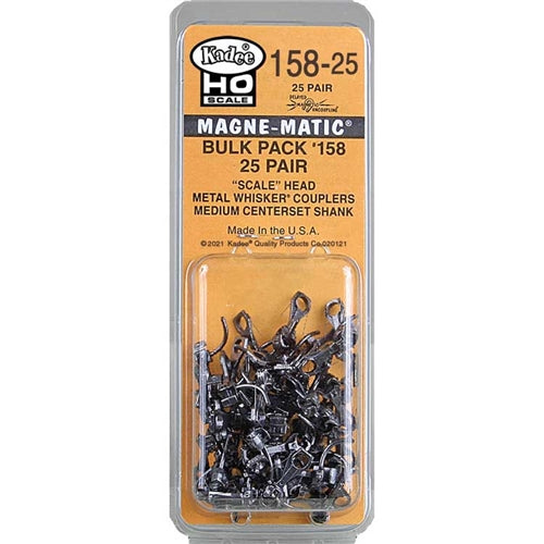 Kadee #158 25 Pair HO Magne-Matic Bulk Pack Scale Head Metal Whisker Couplers Medium 9/32" Centerset Shank No Draft Gear Boxes