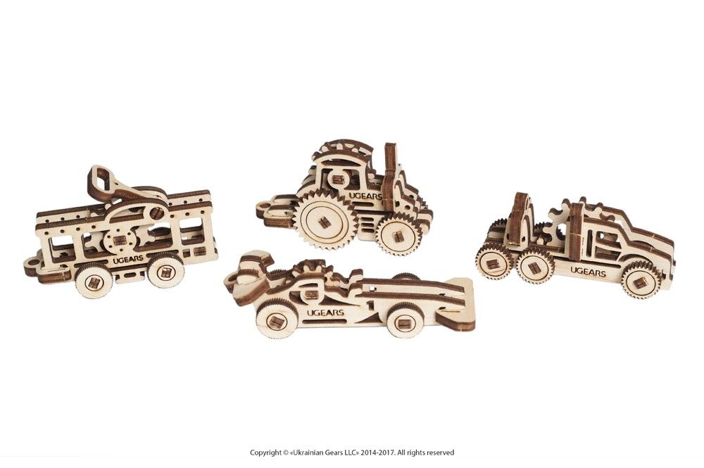 UGears Mechanical Models 70033 U-Fidget Vehicles 4-Pack Mechanical Wood Model Kit NIB