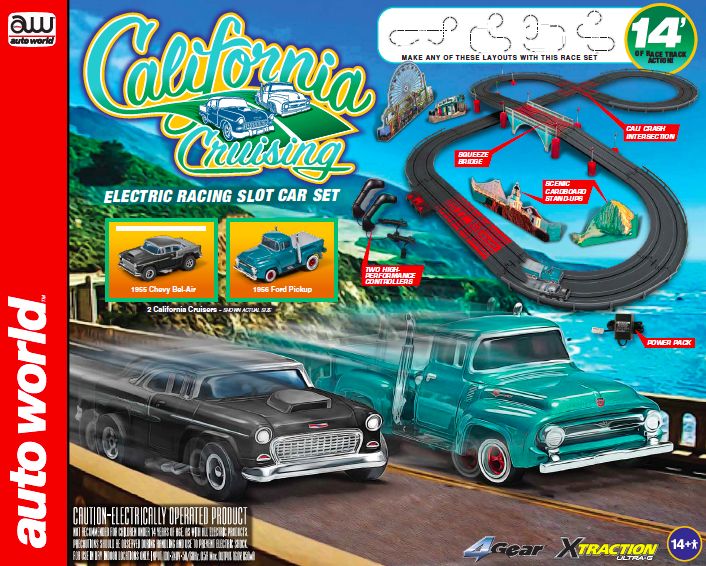 Auto World 14' California Cruising "The Pacific Coast Highway" Slot Race Set 1956 Ford F-100 Pickup Truck (4Gear) 1955 Chevrolet Bel Air (Xtraction)
