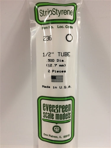 Evergreen Scale Models 236 Styrene Tube .500" (1.27cm) Diameter Pkg of 2 NIB