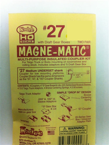 Kadee #27 HO Magne-Matic Multi-Purpose Insulated Coupler Kit Medium 9/32" Underset w/#213 & #232 Draft Gear Box & Talgo Truck Adaptors 2 Pair
