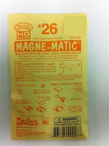 Kadee #26 HO Magne-Matic Multi-Purpose Insulated Coupler Kit Long 25/64" Centerset w/#213 & #232 Draft Gear Box & Talgo Truck Adaptors 2 Pair