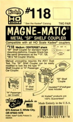 Kadee #118 HO Magne-Matic "SF" Shelf Head Medium 19/64" Centerset Shank Whisker Scale Knuckle Couplers