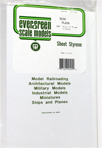 Evergreen Scale Models 9104 Sheet Styrene 8 x 21" (20.3 x 53.3cm) .030" Thick (0.75mm) Pkg of 4 NIB