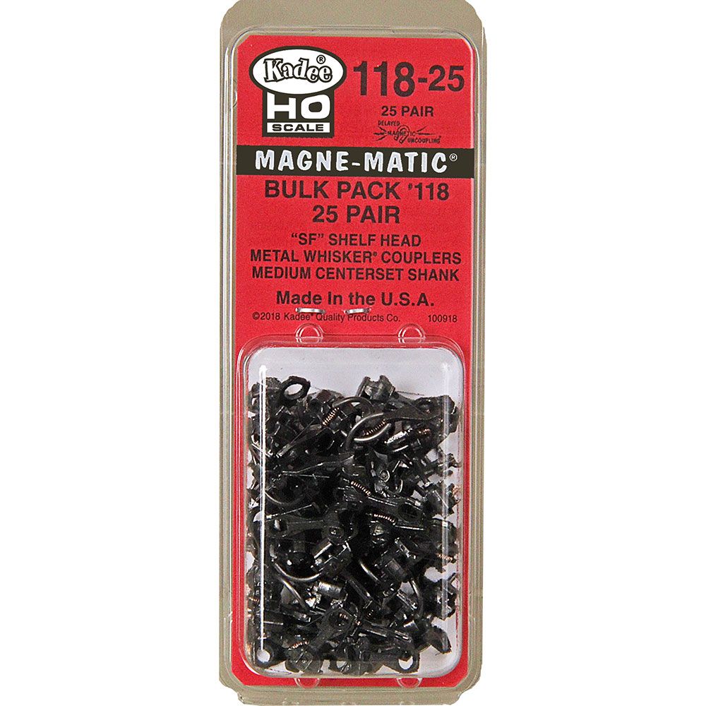 Kadee #118 25 Pair HO Magne-Matic Bulk Pack "SF" Shelf Head Medium 9/32" Centerset Shank Whisker Scale Knuckle Couplers