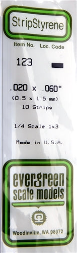 Evergreen Scale Models 123 Styrene Strip .020 X .060" (0.5 X 1.5mm) 10 strips NIB