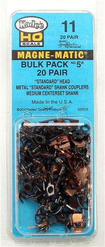 Kadee 11 HO Magne-Matic Bulk Pack #5 20 Pair Standard Head Metal Standard Shank Couplers Medium Centerset Shank No Draft Gear Boxes