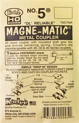 Kadee #5 HO Magne-Matic Metal Coupler Medium 9/32" Centerset Shank w/#232 Draft Gear Boxes 2 Pair