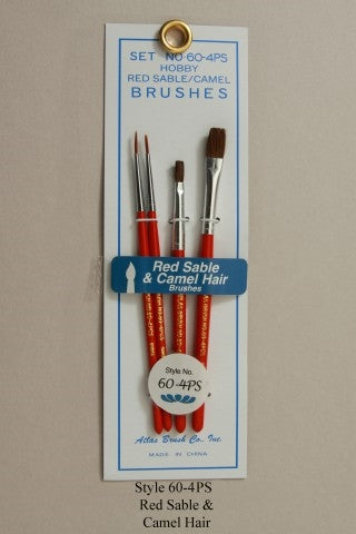 Atlas Brush Company No. 60-4PS Hobby Red Sable/Camel Hair Brushes Set of 4