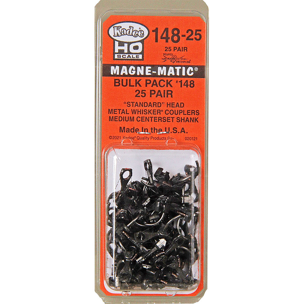 Kadee #148 25 Pair HO Magne-Matic Bulk Pack Standard Head Metal Whisker Coupler Medium 9/32" Centerset Shank No Draft Gear Boxes