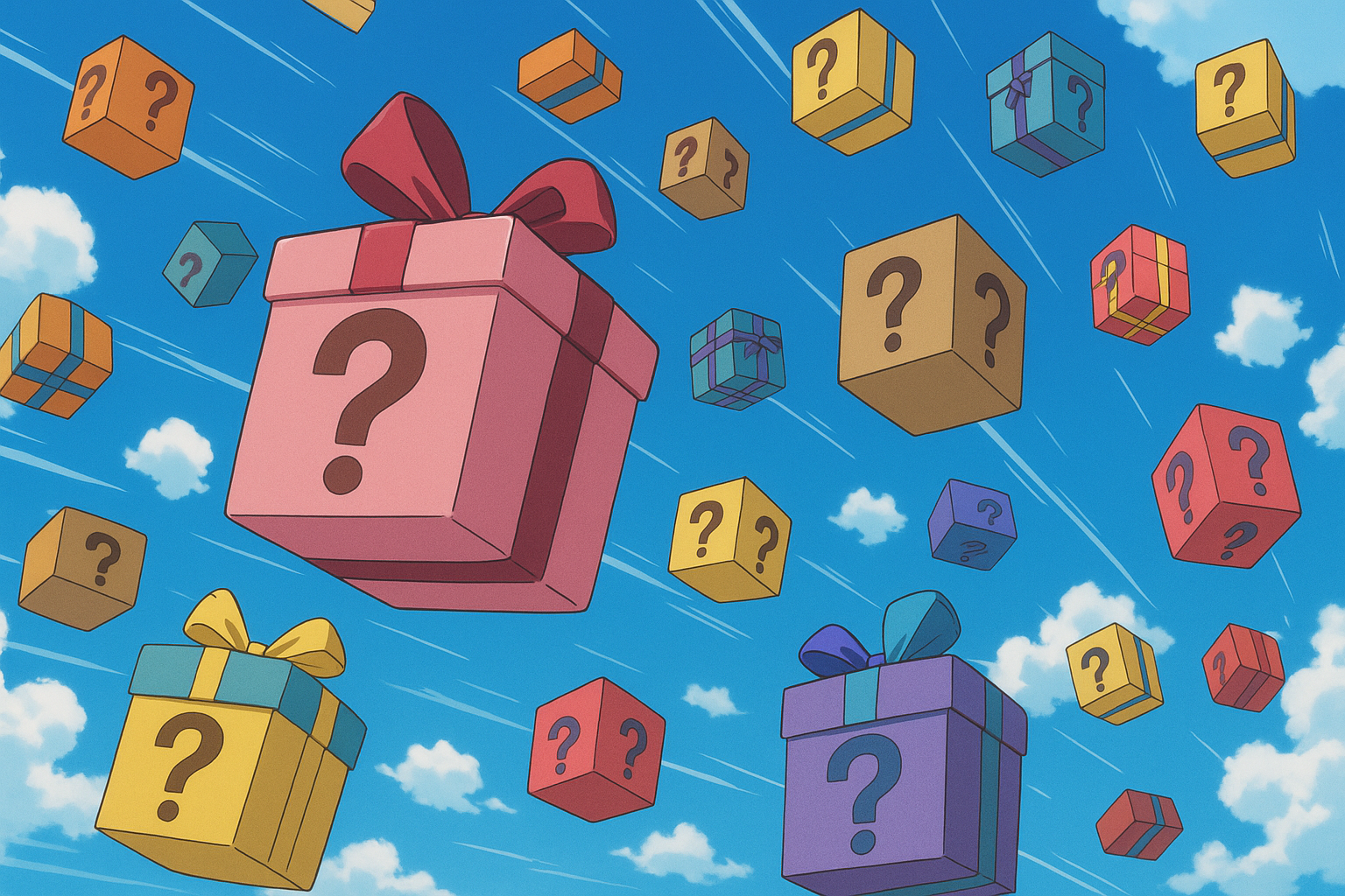 Mystery boxes with questions marks on them falling from the sky in anime style