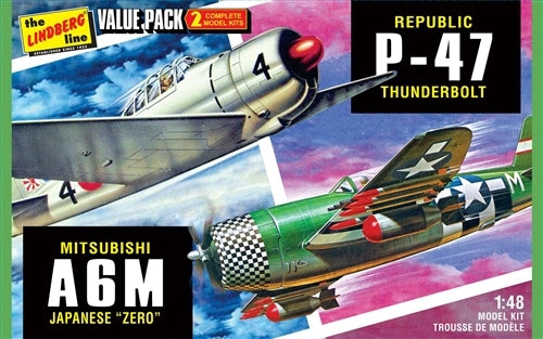 Lindberg HL507 WWII Adversaries (P-47 Thunderbolt & Japanese Zero) 2 Pack 1/48 Plastic Model Kits NIB