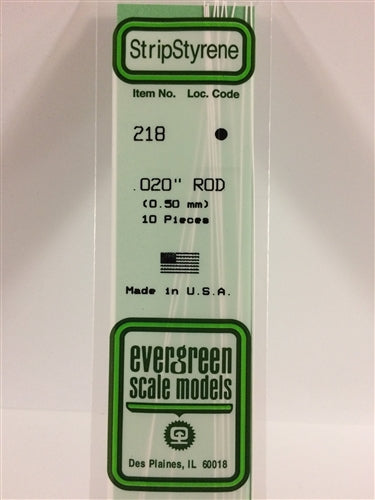 Evergreen Scale Models 218 Styrene Rod .020" (.05cm) Pkg of 10 NIB