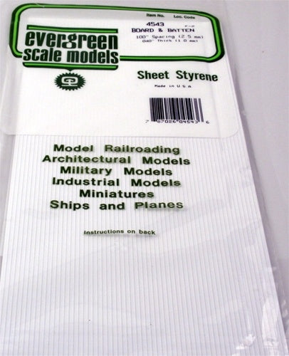 Evergreen Scale Models 4543 Styrene Board & Batten 100" Spacing (2.5 mm) .040" Thick (1.0 mm) NIB