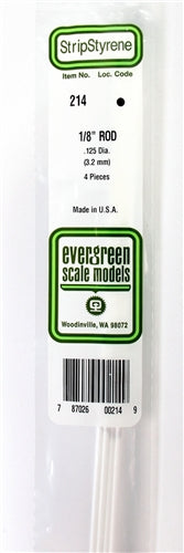 Evergreen Scale Models 214 Styrene Rod .125" (3.2mm) 4 pieces NIB