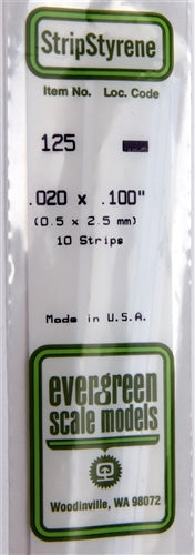 Evergreen Scale Models 125 Styrene Strip .020 X .100" (0.5 X 2.5mm) 10 strips NIB