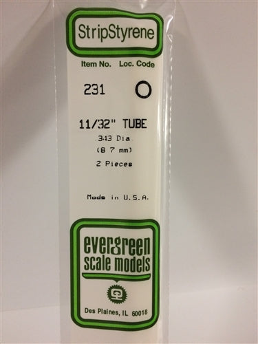 Evergreen Scale Models 231 Styrene Tube .344" (.87cm) Diameter Pkg of 2 NIB