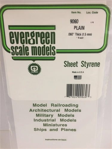 Evergreen Scale Models 9060 Sheet Styrene 6 x 12" (15.2 x 30.5cm) .060" Thick (.15cm) NIB