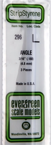 Evergreen Scale Models 296 Styrene Angle 3/16" (.188) (4.8mm) 3 Pieces NIB