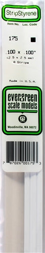 Evergreen Scale Models 175 Styrene Strip .100 X .100" (2.5 X 2.5mm) 8 strips NIB