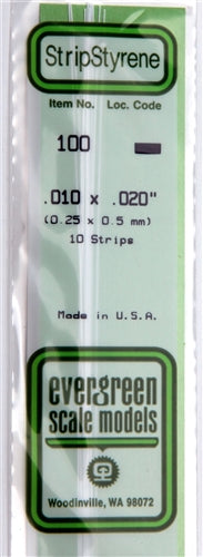 Evergreen Scale Models 100 Styrene Strip .010 x .020" (0.25 x 0.5 mm) 10 strips NIB