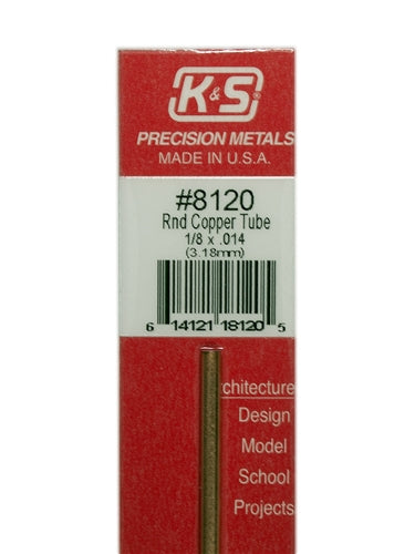 K&S Precision Metals #8120 Round Copper Tube 1/8" x 12" Carded NIB