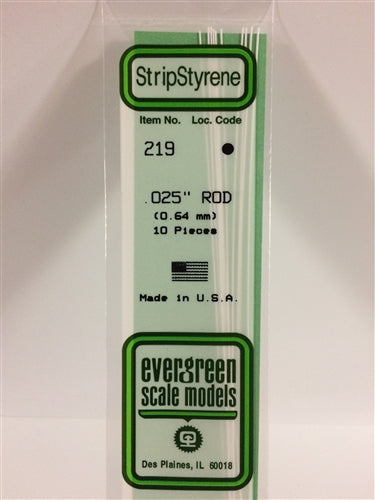 Evergreen Scale Models 219 Styrene Rod .025" (.06cm) Pkg of 10 NIB