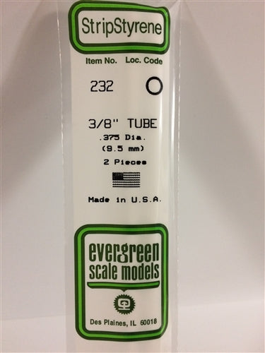 Evergreen Scale Models 232 Styrene Tube .375" (.95cm) Diameter Pkg of 2 NIB