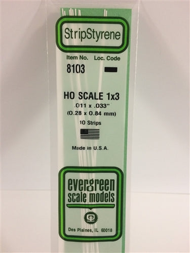 Evergreen Scale Models 8103 Styrene Strip 1x3 .011 x .033" (0.28 x 0.84mm) 10 strips NIB