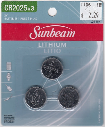Sunbeam CR2025 Lithium Battery 3 Volt Pkg of 3 NIB