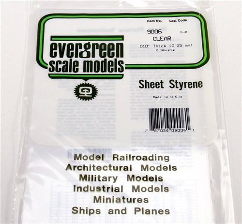 Evergreen Scale Models 9006 Sheet Styrene Clear 6 x 12" (15.2 x 30.5cm) .010" (.03cm) NIB