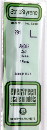 Evergreen Scale Models 291 Styrene Angle .060" (1.5mm) 4 Pieces NIB