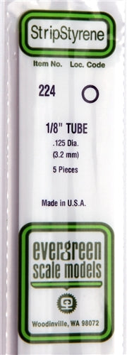 Evergreen Scale Models 224 Styrene Tube 1/8" .125 Dia (3.2mm) 5 pieces NIB