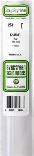 Evergreen Scale Models 263 Styrene Channel .100" (2.5mm) 4 pieces NIB