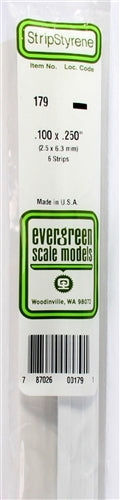 Evergreen Scale Models 179 Styrene Strip .100 X .250" (2.5 X 6.3mm) 6 strips NIB