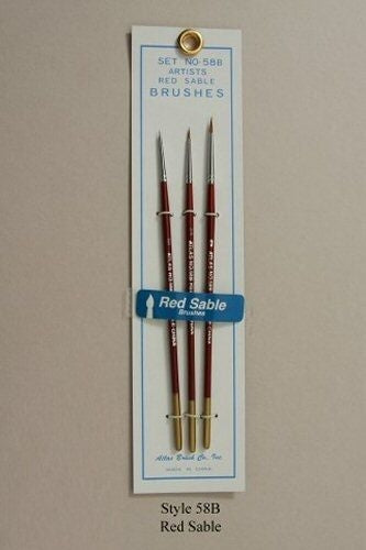 Atlas Brush Company Set No. 58B Artists Red Sable Brushes Fine Detail Set of 3 (10/0, 5/0, 0) NIB