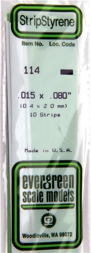Evergreen Scale Models 114 Styrene Strip .015 X .080" (0.4 X 2.0 mm) 10 strips NIB
