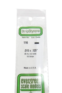 Evergreen Scale Models 116 Styrene Strip .015 X .125" (0.4 X 3.2mm) 10 strips NIB