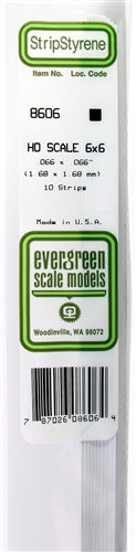 Evergreen Scale Models 8606 Styrene 6x6 .066" x .066" (1.68 x 1.68) 10 strips NIB